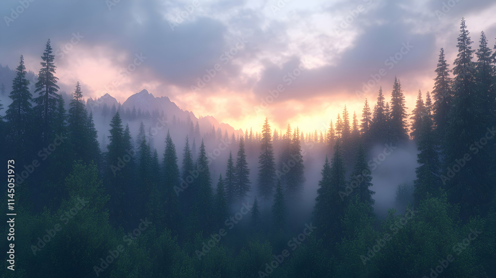 Obraz premium Misty sunset over a coniferous forest in mountains.