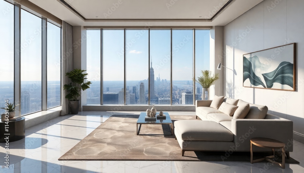 A luxurious penthouse studio living room with polished marble skirting boards, contemporary furniture, and expansive windows that offer breathtaking views of the city A luxurious penthouse studio living room with polished marble skirting boards, contemporary furniture, and expansive windows that offer breathtaking views of the city