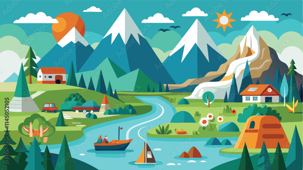 Fototapeta premium Mountain landscape with vibrant trees, boats, and sunny skies featuring an idyllic lake and cheerful little houses in a serene setting