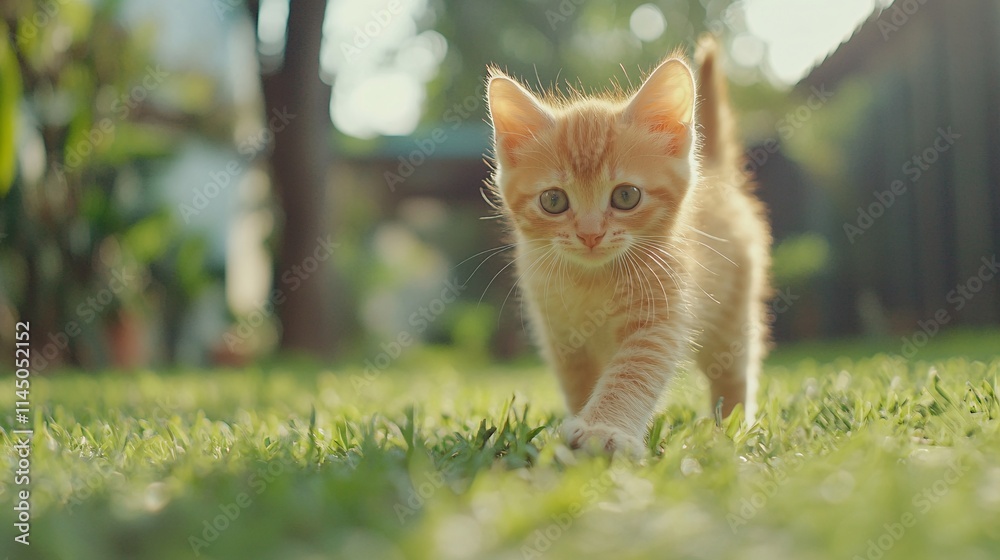 A playful orange tabby kitten explores the lush green grass in warm sunlight, embodying curiosity and innocence. A playful orange tabby kitten explores the lush green grass in warm sunlight, embodying curiosity and innocence.