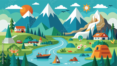 Mountain landscape with vibrant trees, boats, and sunny skies featuring an idyllic lake and cheerful little houses in a serene setting