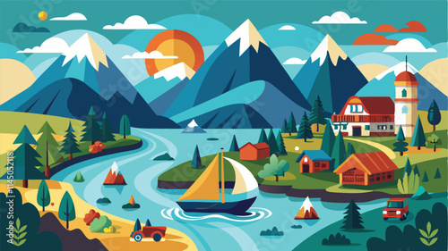 Mountain landscape with vibrant trees, boats, and sunny skies featuring an idyllic lake and cheerful little houses in a serene setting