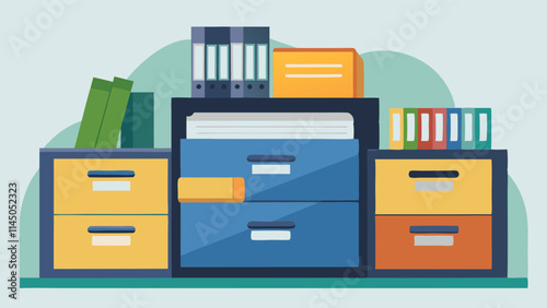 Organization of stationary supplies with colorful file cabinets and folders in a modern office environment