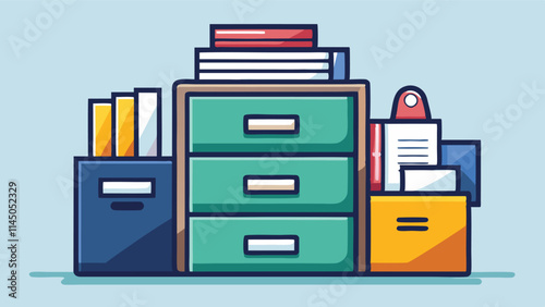 Organization of stationary supplies with colorful file cabinets and folders in a modern office environment