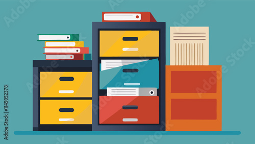 Organization of stationary supplies with colorful file cabinets and folders in a modern office environment