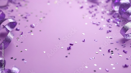 Lavender and silver streamers on a festive purple backdrop for a party with copy space. Generative Ai