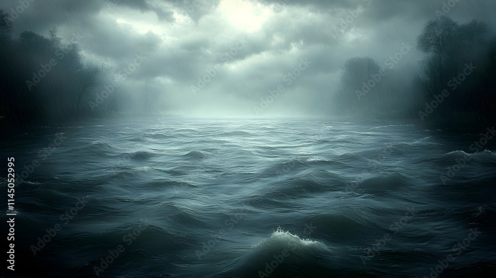 Fototapeta premium Moody, dark water scene with stormy clouds and distant trees.