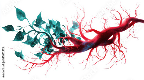 An abstract interpretation of a ginseng-like root with dynamic crimson-red tones, slightly exaggerated forms, and flowing root structures, combined with bright teal leaves designed with intricate grad photo