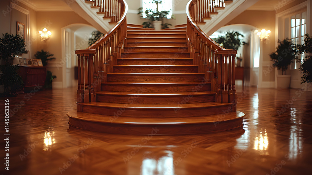 Elegant curved wooden staircase in a grand entrance hall with polished hardwood floors and potted plants.