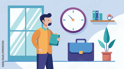 Professional man in an office environment checking the time while holding a briefcase and preparing for a busy day ahead