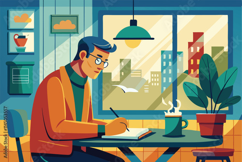 Creative individual writing notes in a cozy urban cafe during sunset with vibrant decorations and plants