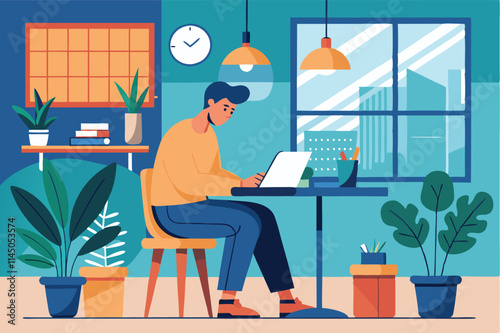 Creative individual writing notes in a cozy urban cafe during sunset with vibrant decorations and plants
