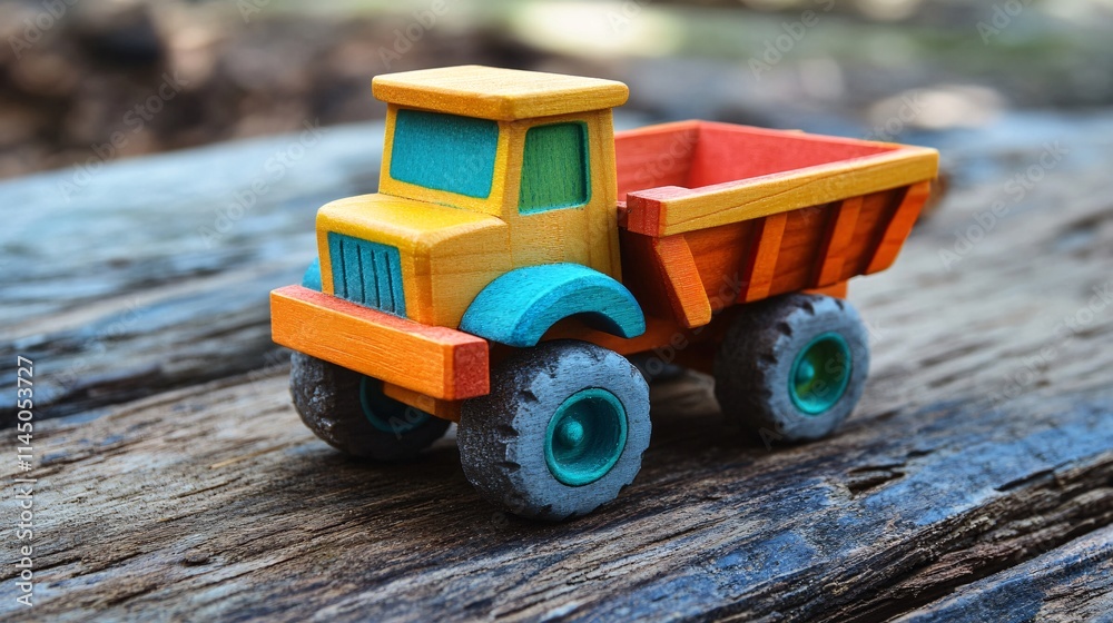 Fototapeta premium Colorful wooden toy truck on a rustic wooden surface, perfect for imaginative play.