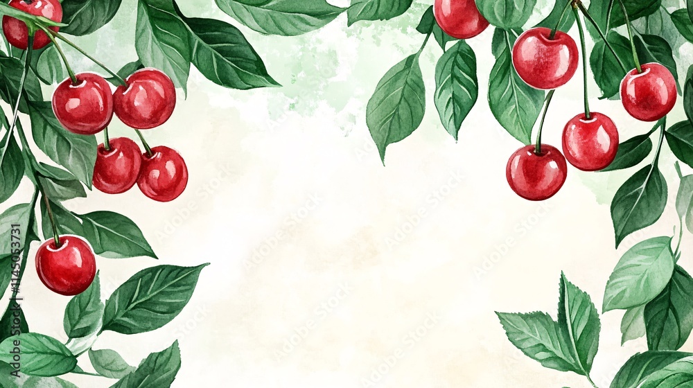 A vibrant watercolor illustration featuring ripe red cherries and lush green leaves, conveying a fresh and summer vibe. A vibrant watercolor illustration featuring ripe red cherries and lush green leaves, conveying a fresh and summer vibe.