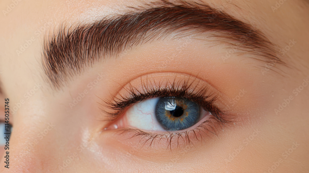 Close-up view of a woman's captivating blue eye highlighting natural beauty and detailed features Close-up view of a woman's captivating blue eye highlighting natural beauty and detailed features