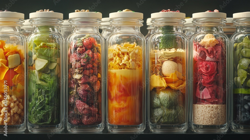 An array of colorful jars filled with vibrant, preserved vegetables and fruits, showcasing a sustainable food approach. An array of colorful jars filled with vibrant, preserved vegetables and fruits, showcasing a sustainable food approach.