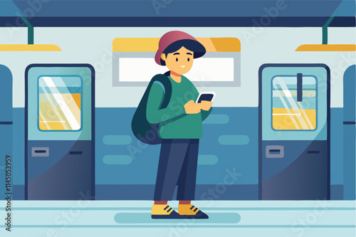 Commuter waits at busy urban subway platform while using smartphone during morning rush hour in modern vector art