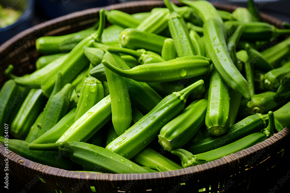 Fresh Harvest: A Beautiful Display of Vibrant and Glossy Okra (Bhindi) vegetables on a Rustic wooden Background Fresh Harvest: A Beautiful Display of Vibrant and Glossy Okra (Bhindi) vegetables on a Rustic wooden Background