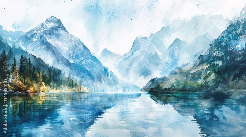 A serene watercolor landscape of majestic mountains and a calm lake, reflecting vibrant hues of blue and green. A serene watercolor landscape of majestic mountains and a calm lake, reflecting vibrant hues of blue and green.