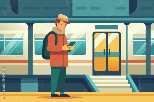 Commuter waits at busy urban subway platform while using smartphone during morning rush hour in modern vector art