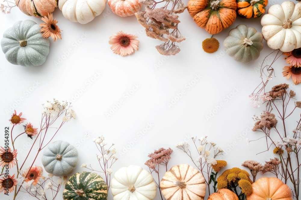 Minimalistic autumn border arrangement with pastel pumpkins, dried flowers, and vibrant fall accents on a clean white background. Minimalistic autumn border arrangement with pastel pumpkins, dried flowers, and vibrant fall accents on a clean white background.