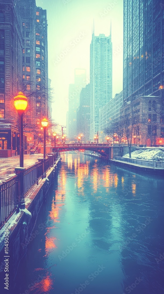 A serene winter cityscape with a river, bridges, and glowing street lamps. A serene winter cityscape with a river, bridges, and glowing street lamps.