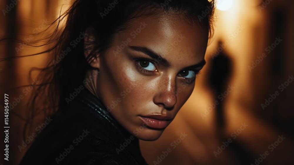 Intense portrait of a woman in an urban alley, illuminated by warm streetlights, conveying suspicion
