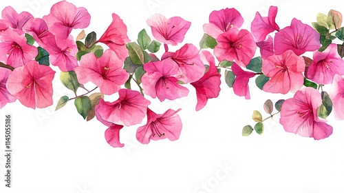 Vibrant pink bougainvillea flowers with lush green leaves in a watercolor illustration.