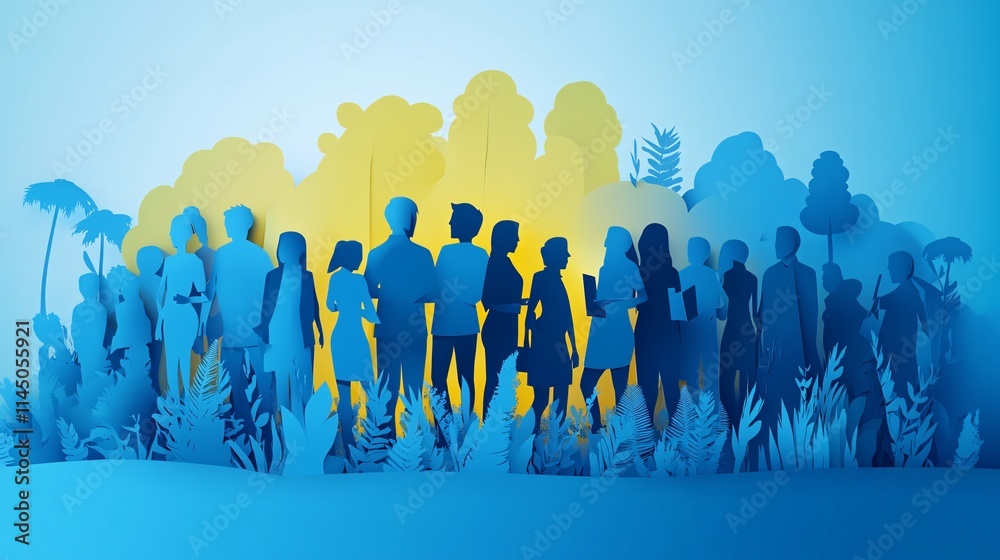 Obraz premium Silhouetted diverse group of people standing together against a vibrant blue and yellow background, conveying unity and diversity.