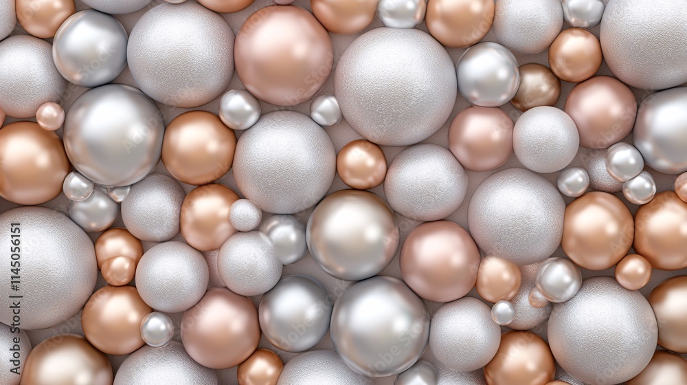 An array of pastel-colored spheres in silver, peach, and cream tones creates a soft, elegant texture. An array of pastel-colored spheres in silver, peach, and cream tones creates a soft, elegant texture.