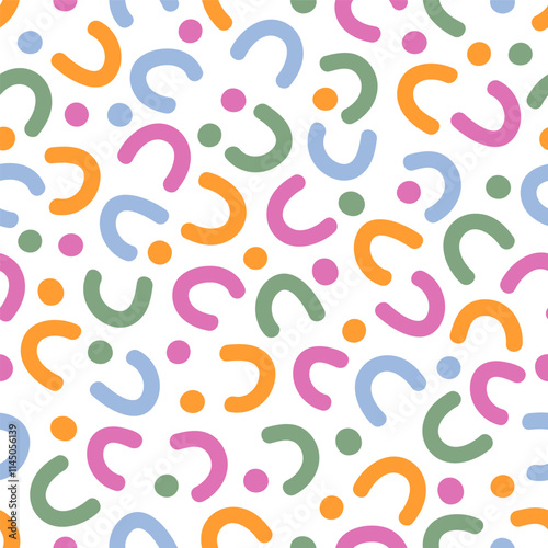 Hand drawn abstract colorful oval confetti and dots seamless pattern. Birthday party print for celebration card.