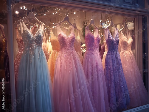 Gowns on display in a store window. photo