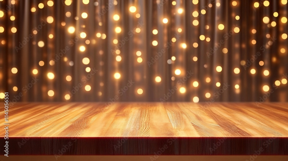 A warm, inviting wooden tabletop with a backdrop of shimmering golden lights, perfect for showcasing products or special occasions.
