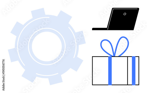 Black laptop, white gift box with blue ribbon, and light blue gearwheel. Ideal for technology, business, corporate gifts, productivity, innovation rewards and motivation. Line metaphor