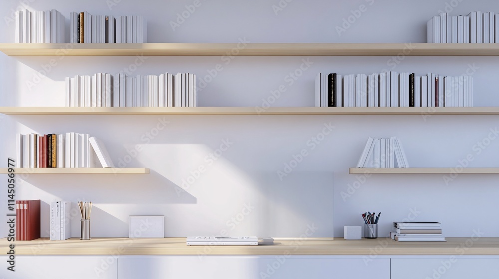 Minimalist bookshelf arrangement in a bright, modern workspace. Minimalist bookshelf arrangement in a bright, modern workspace.