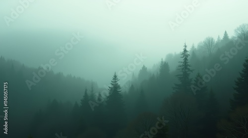 Misty Forest in Low Visibility: Atmospheric Landscape with Fog and Evergreen Trees