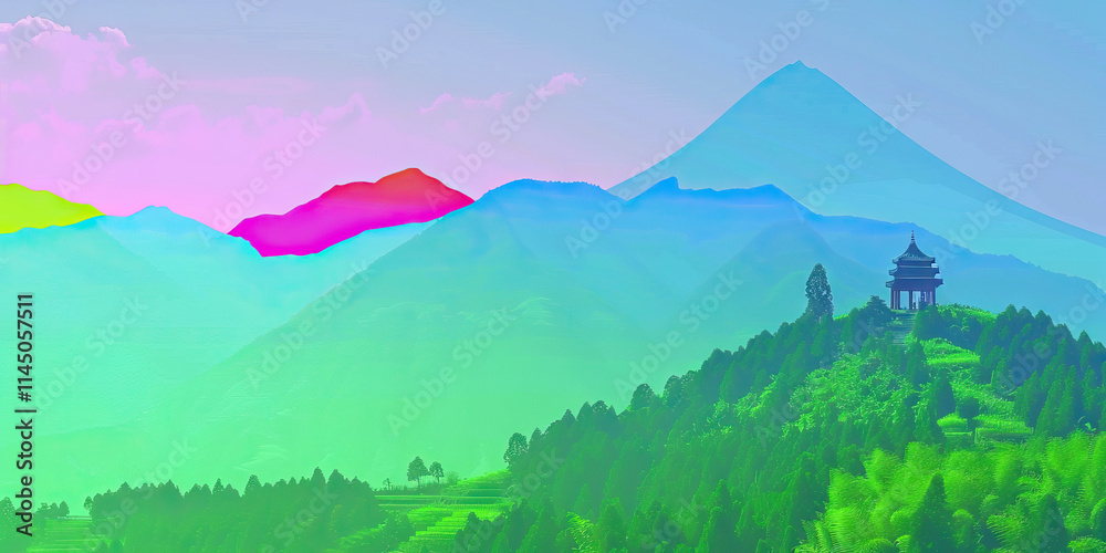 Naklejka premium Stylized Landscape with Pavilion and Mountains