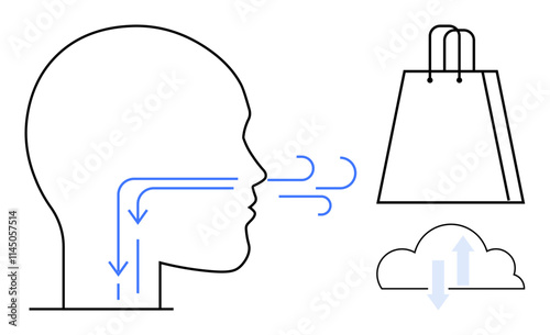 Human head outline with airflow arrows indicating breathing, alongside shopping bag and cloud with arrows. Ideal for health, respiratory system, shopping, environmental awareness, online retail