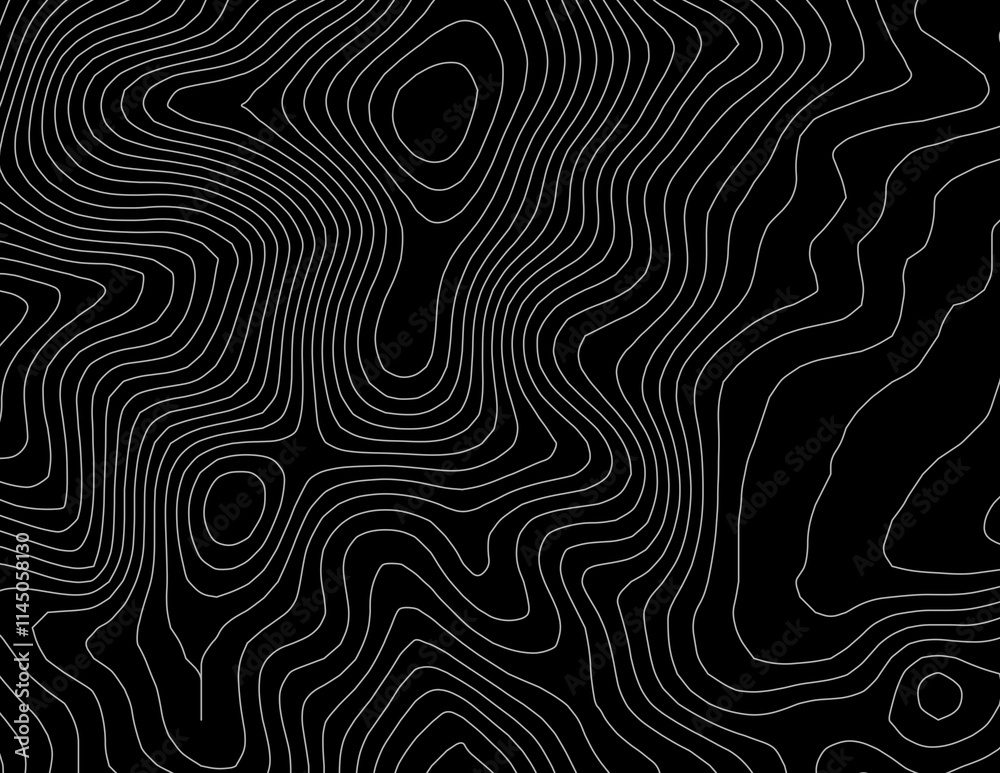 Curvas de nivel, mapa topográfico sobre fondo negro