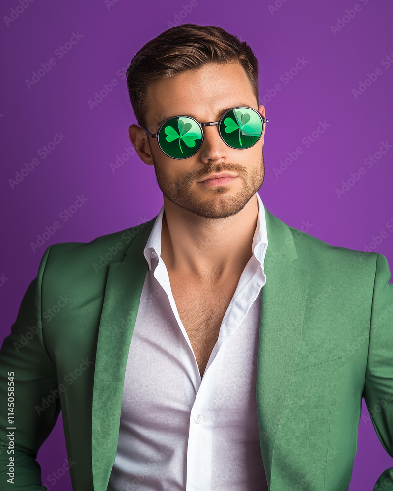 Stylish man in green suit and shamrock sunglasses against purple background Stylish man in green suit and shamrock sunglasses against purple background