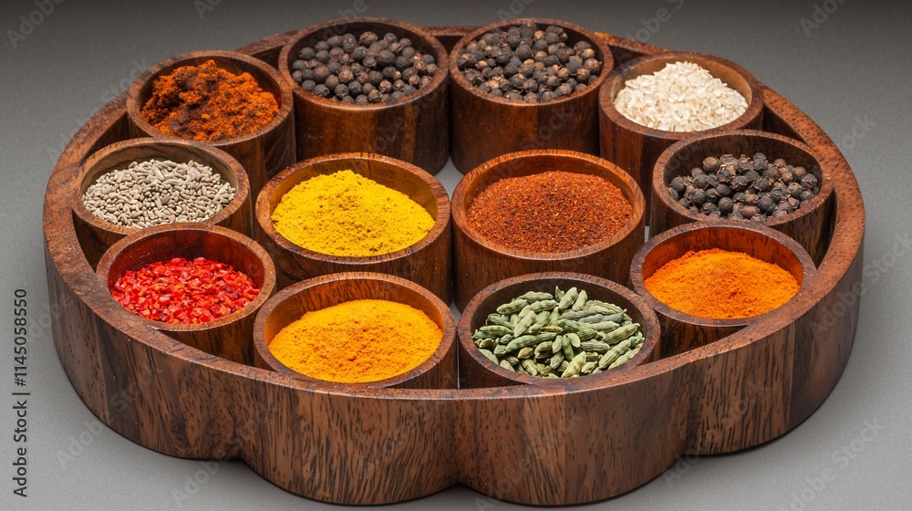 Assorted spices in wooden bowls.