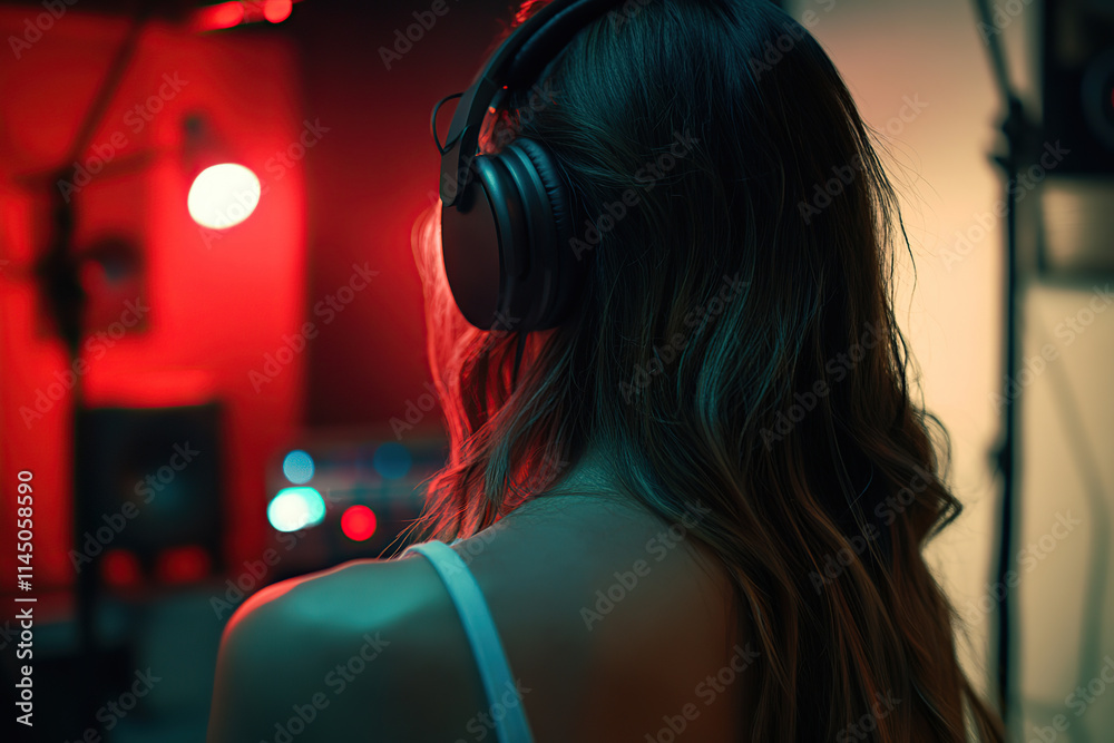 Young woman singing in microphone and recording voice and new song Young woman singing in microphone and recording voice and new song