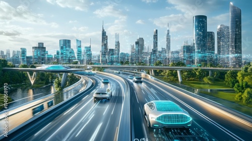 A futuristic city with smart infrastructure, featuring autonomous vehicles on seamless highways, LED-lit bridges, and interconnected buildings, 16:9