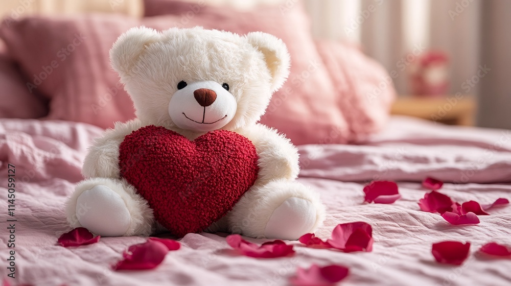 Fototapeta premium a teddy bear holding a heart on a bed with rose petals.