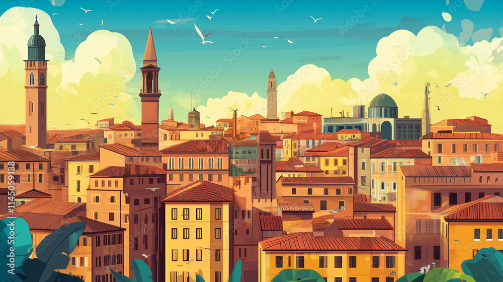 Obraz premium Illustration, Cityscape of Bologna in Italy, touristic advertisement poster. Promotional touristic poster. Beautiful city in Italy. Must-see tourist travel destination.