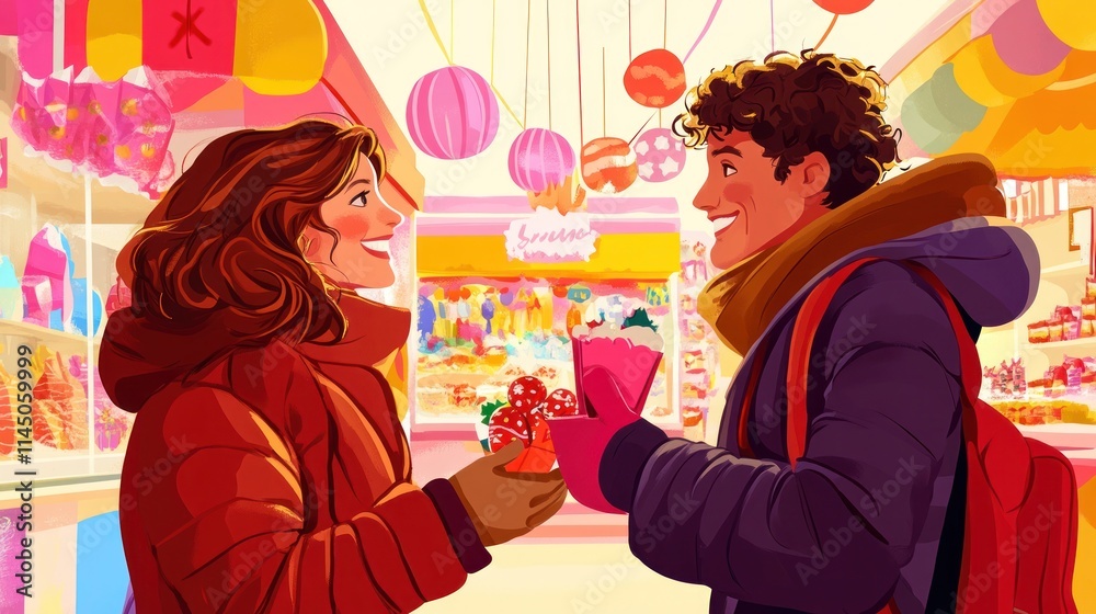 Happy couple exchanging gifts at a candy shop. Happy couple exchanging gifts at a candy shop.