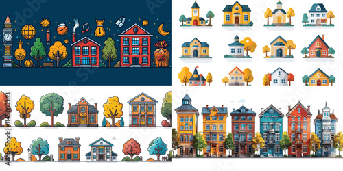 Set of colorful urban illustrations featuring buildings, trees, and objects