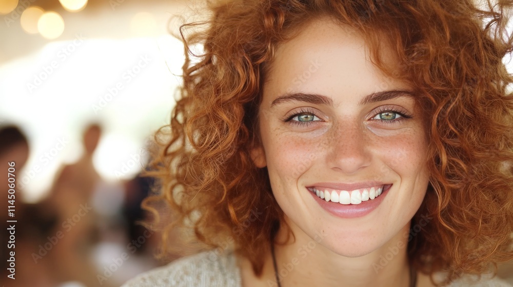 Smiling woman with natural curly red hair in a bustling crowd radiating warmth and authenticity with a softly blurred urban backdrop Smiling woman with natural curly red hair in a bustling crowd radiating warmth and authenticity with a softly blurred urban backdrop