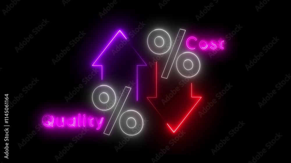 Quality control and company cost reduction. Cost and quality control concept. Successful organization strategy and management. Percentage icon of quality with up arrow and cost with down arrow. Quality control and company cost reduction. Cost and quality control concept. Successful organization strategy and management. Percentage icon of quality with up arrow and cost with down arrow.