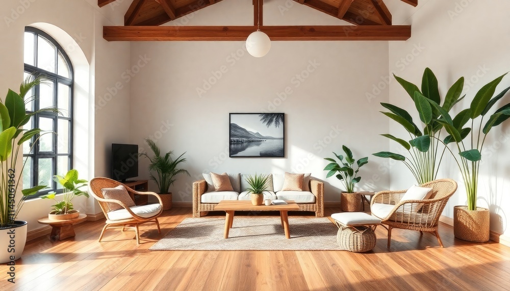 A tropical-inspired loft living room with natural wood skirting boards, wicker furniture, and leafy plants that bring nature indoors A tropical-inspired loft living room with natural wood skirting boards, wicker furniture, and leafy plants that bring nature indoors
